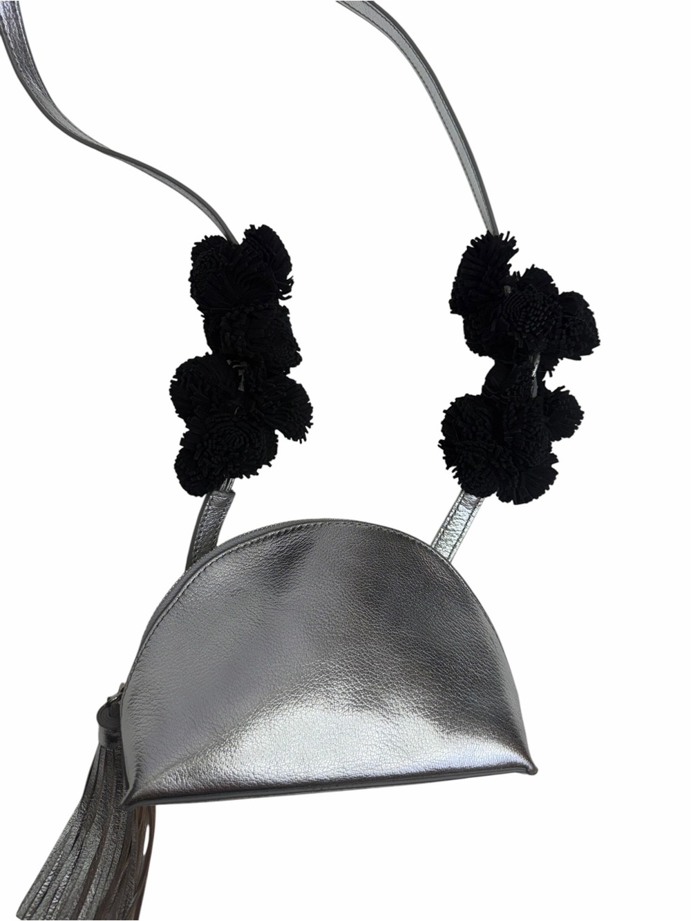 Half-Moon Silver Leather Crossbody Bag with Black Pom-Pom Strap